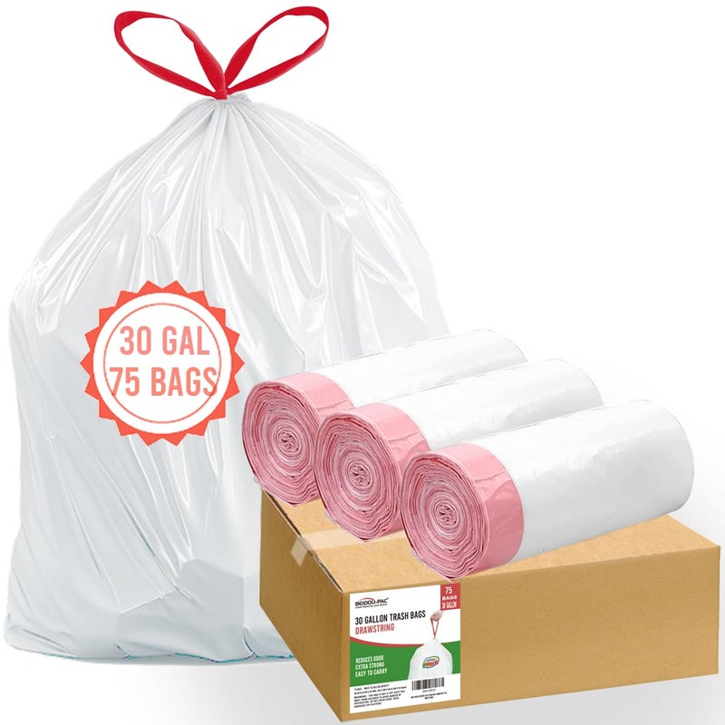 BEIDOU-PAC 30 Gallon Trash Bags Drawstring, 75 Count, White & Unscented, Multi-purpose Garbage Bags Can Liners for Business Home Kitchen Commercial and Industrial - Image 1